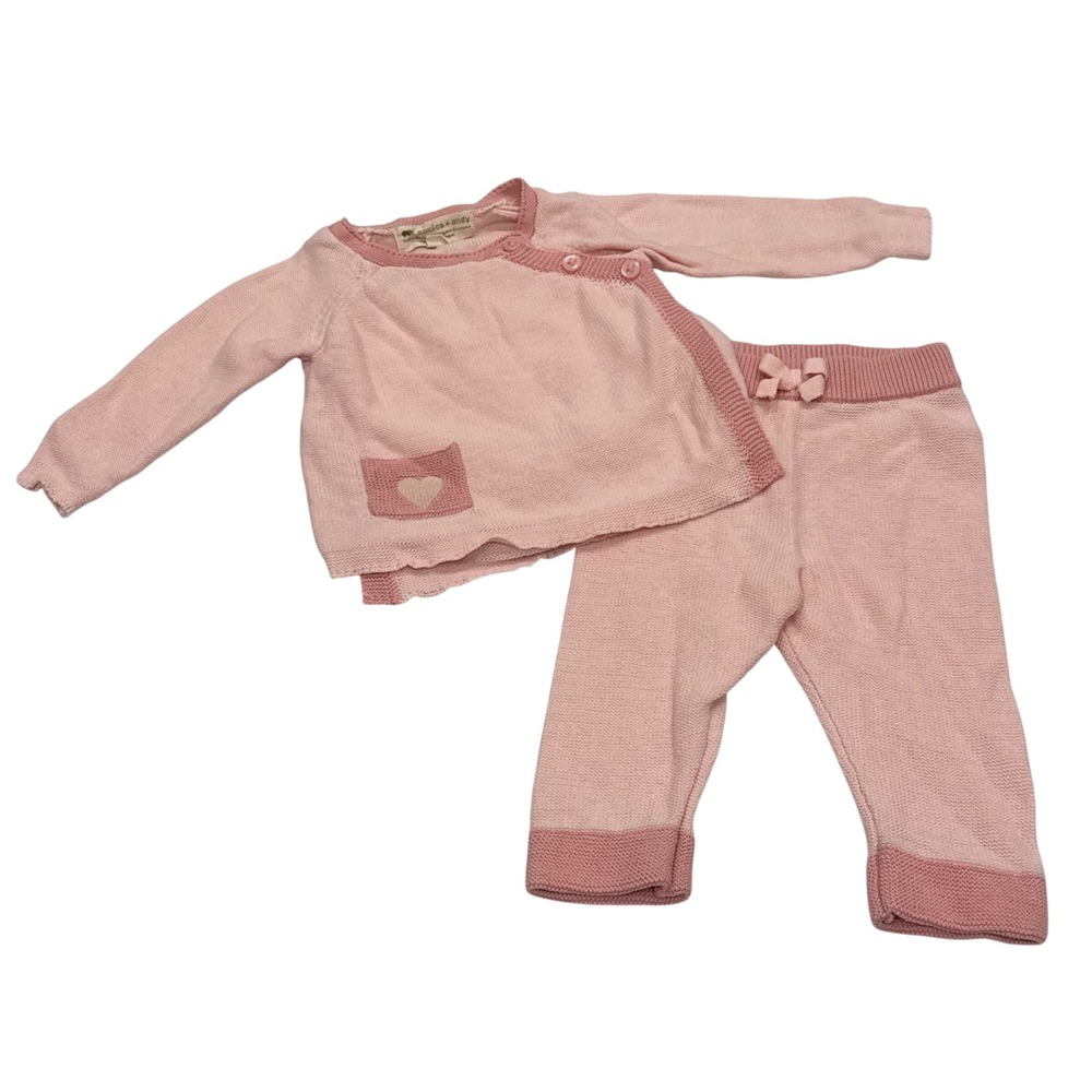 Monica + Andy Sweater Set Baby Girls 3-6M Pink Organic‎ Cotton Heart Knit Outfit